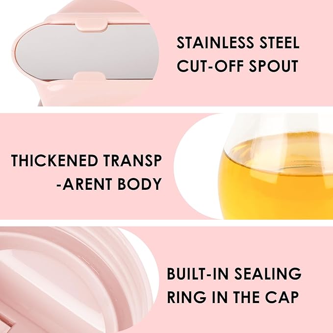 13.5oz Glass Syrup Dispenser with No-Drip Stainless Steel Spout - Honey Jar, Maple Syrup Pourer & Oil Cruet - Pink Kitchen Container for Pancakes & Waffles