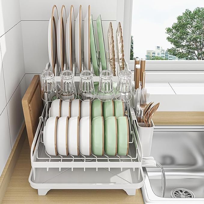 2 Tier Dish Drying Rack Automatic Drainage Board Space-Saving for Kitchen Counter with Cups Holder