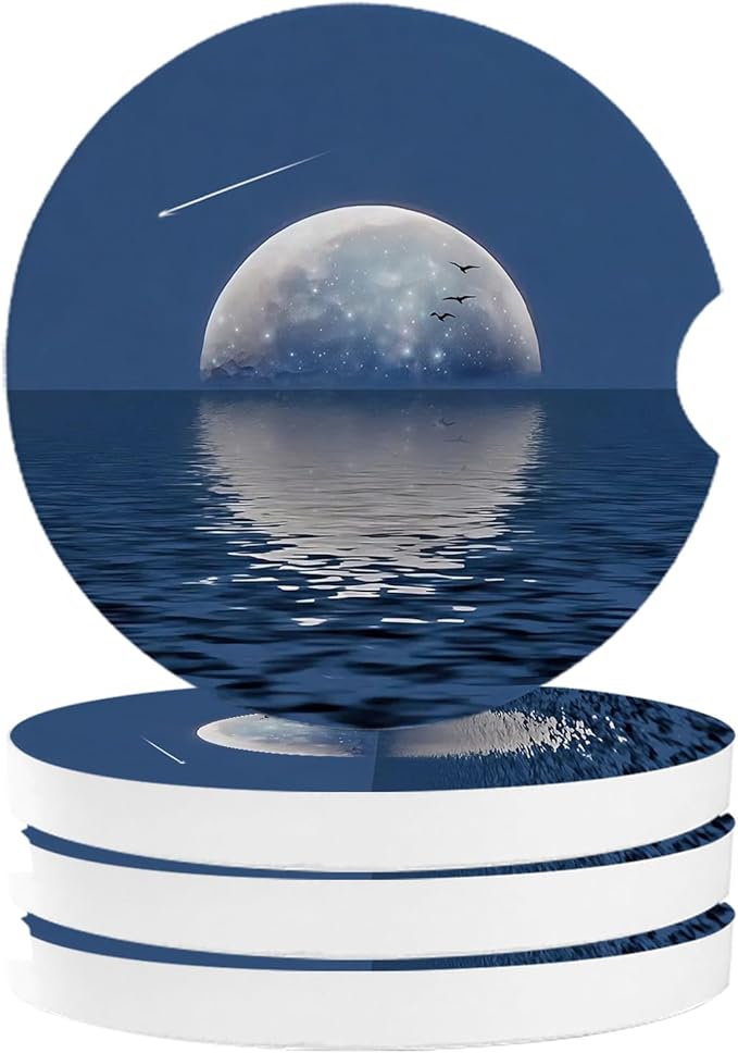 Car Coasters for Cup Holders 2.6" Dia Absorbent Coasters Set of 4 Car Interior Accessories for Women Ceramic Car Coaster for Drinks with Finger Grooves,Full Moon and Meteor Reflection on Sea Surface