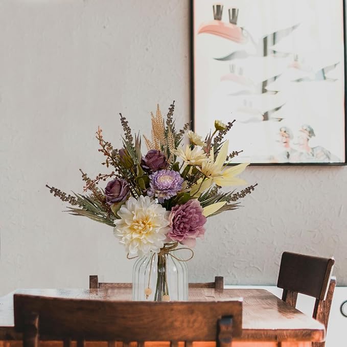 LESING Dahlia Flower Aritificial Flower with Vase Fake Silk Flowers in Glass Vase Faux Rose Flowers Arrangement for Home Office Table Centerpiece Decoration (Purple)