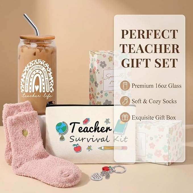 8 PCS Teacher Appreciation Gift Set, Teacher Survival Kit with Glass Cup, Bamboo Lid, Fuzzy Socks & Pouch Bag, Thank You Gift for Women (Best Teacher Ever-g05)