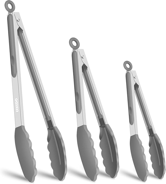 Kitchen Tongs, Stainless Steel Cooking Tongs with Silicone Tips, 600ºF High Heat-Resistant Non Scratch Locking Tongs for Cooking BBQ Grilling Air Fryer Pans, Set of 3(7" 9" and 12") Light Grey