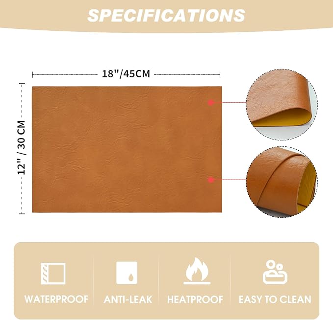 Artoid Mode Rust Faux Leather Placemats Set of 4, 12x18 Inch Waterproof Wipeable Heat Resistant Vinyl Place Mats, Reversible Table Mats for Fall Kitchen Dining Decor