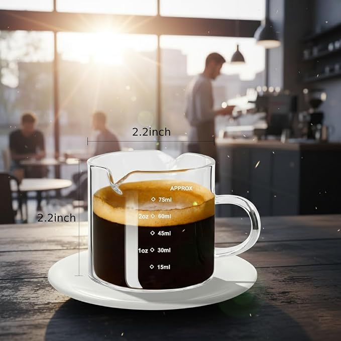 Espresso Shot Cups, Set of 2, 4 OZ Glass Measuring Cup with Handle | Coffee Bar Essentials, Milk Cup, Espresso Accessories for Machine