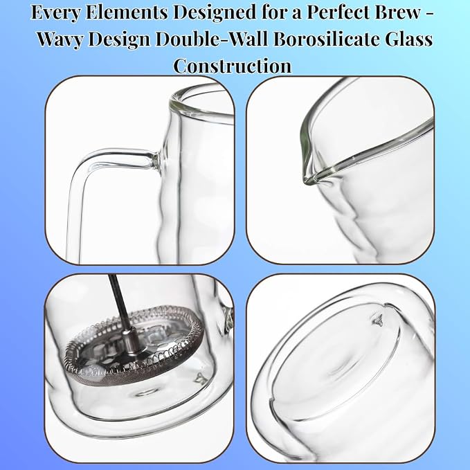 Wavy Glass French Press Coffee Maker 22oz – Cute Small French Press – Double-Wall Borosilicate Coffee Press with Stainless Steel Filter – Manual Coffee Brewer & Tea Press