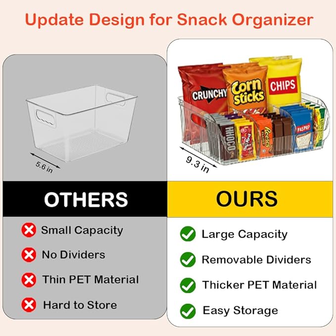 Large Snack Organizer for Countertop, 13.7"×9.3"×6" Clear Plastic Snack Storage Bin for Kitchen Pantry, 6 Compartment Snack Bar with Dividers for Cabinet, Chip Packet Holder for Office