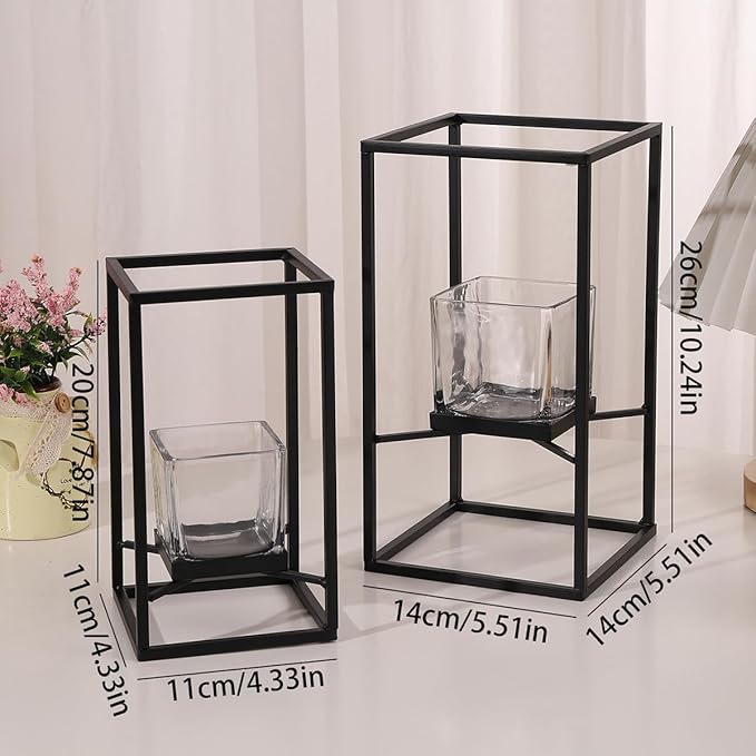Set of Candlestick Holders in Two Sizes, Versatile Square Glass Candle Holder with Black Frame, Moden Style Candle Stand for Home Decor, Wedding, Party & Table Centerpiece