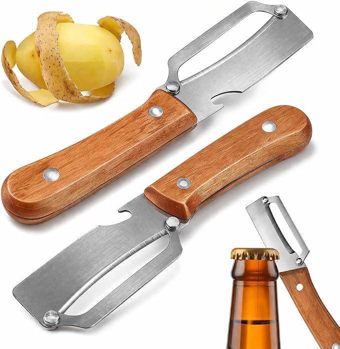 2026 Upgrade Vegetable Peeler With Wooden Handle, Stainless Steel Wide Blade Potato and Carrot Peeler, 2-in-1 Veggie Peeler With Bottle Opener for Kitchen, Camping and Travel (2PCS)