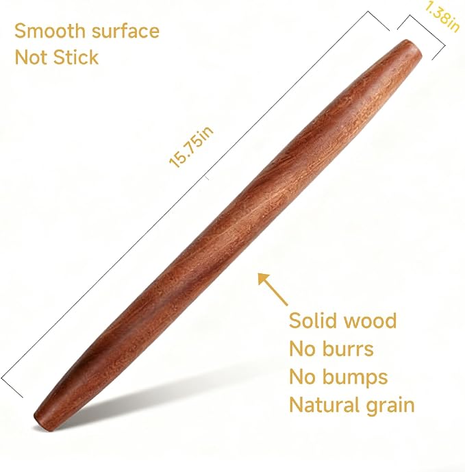 15.75Inches French Wooden Rolling Pin for Baking,Dough Roller,Brown color | Dough –Tapered Design,Smooth Construction,Natural Sapele Wood,Essential Kitchen Utensil For Fondant,Pizza Pie Crust, Pastry