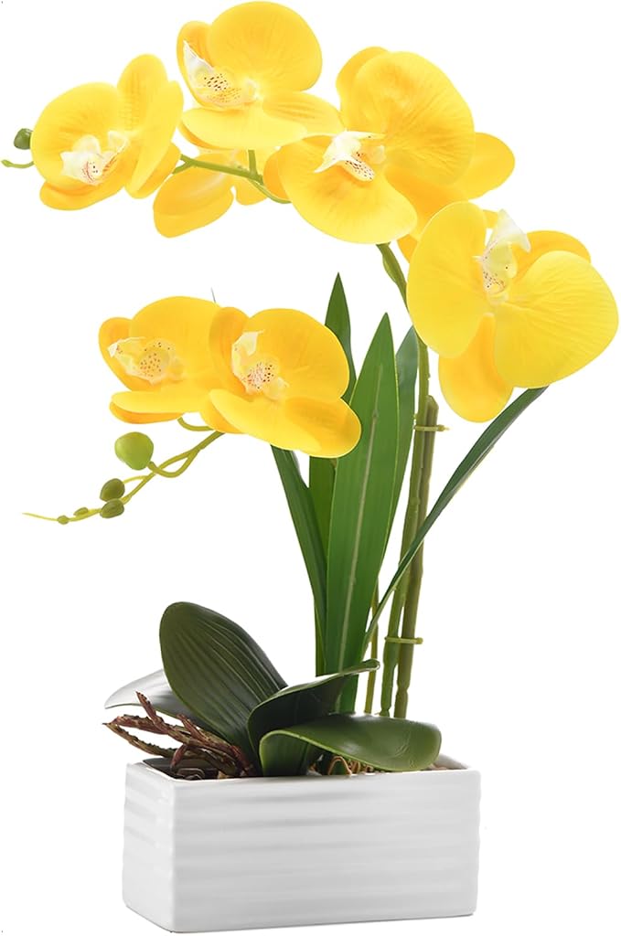 Artificial Real Touch Orchid Flowers in Pot Fake Phalaenopsis Flower with White Ceramic Vase Faux Orchids Arrangement for Home Table Office Wedding Party Decoration (Yellow)
