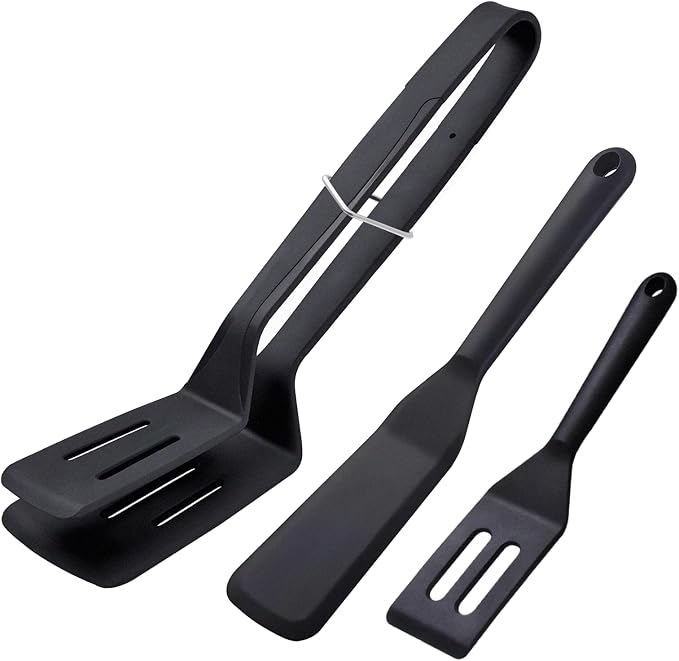 KIBBEH 3 Pack Heat Resistant Silicone Slotted Cooking Spatula Set, Multipurpose BBQ Clamp for Gripper Bread Clip, Fried Steak Clamp, Flipping Fish, Toast Salad Tongs