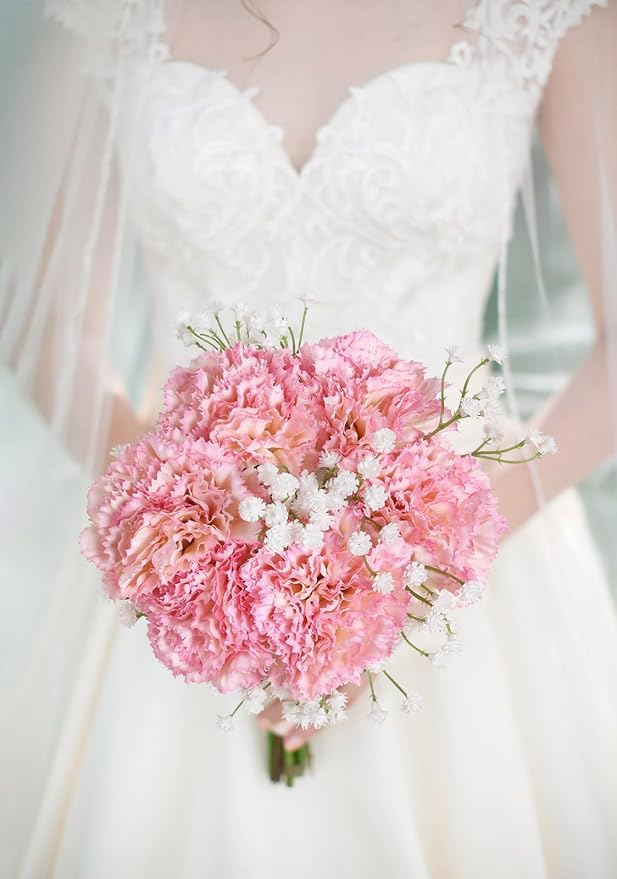Artificial Carnation Flowers - 15pcs Pink Silk Flowers with Stems for Home Decor, Wedding, Bridal Bouquet, Anniversary, Birthday and Floral Arrangements