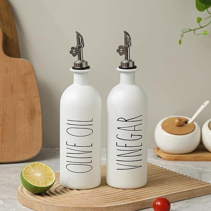 HOMCDALY 16oz Olive Oil Dispenser Bottles for Kitchen, White Oil and Vinegar Dispenser Set, Two Olive Oil Bottles with Bamboo Tray | Set of 2 (16oz-P-White)