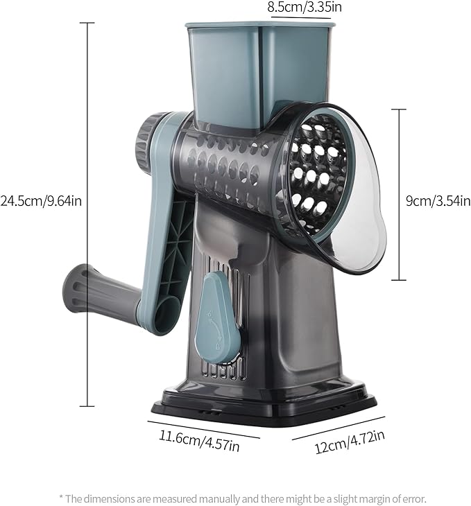 Rotary Cheese Grater, 3-in-1 Shredder for Cheese Vegetables Nuts with Hand Crank - Interchangeable Stainless Steel Blades, Strong Suction Base, Finger-Safe Design, BPA Free, Blue