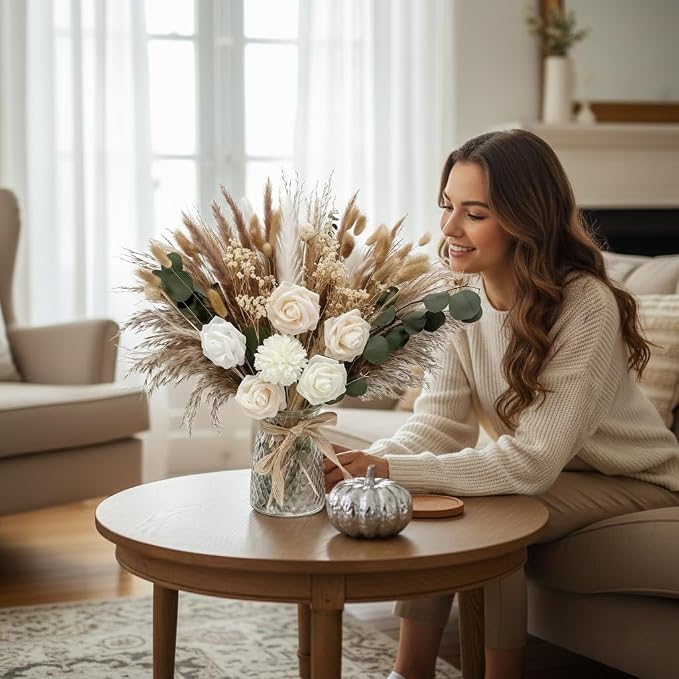 Indoor Artificial Dried Flowers with Vase for Table Top Decor,Natural Dried Pampas Grass Bouquet Faux Flowers in Vase for Wedding,Home,Kitchen,Rustic Decoration (Natural Champagne)