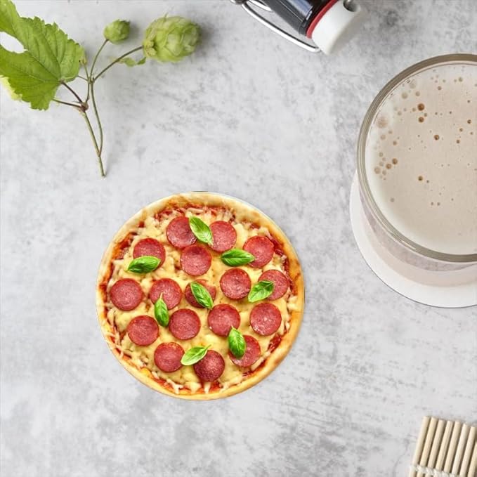 Ceramic Stone Cork Coasters for Drinks Tableware, Pepperoni Pizza with Mozzarella Cheese Round Absorbent Durable Aesthetic Art Cup Mat Protects Tables and Surfaces Set of 1 (4 * 4 Inch)