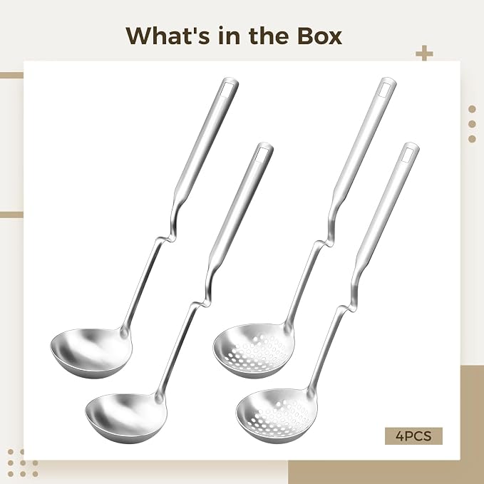 4 Pcs Stainless Steel Ladle Spoon Set for Cooking, Includes 2 Soup Spoons and 2 Slotted Spoons, Hot Pot Strainer Spoons, Long Handle, Rust-Resistant, Easy to Clean, Ideal for Serving Soups and Liquids