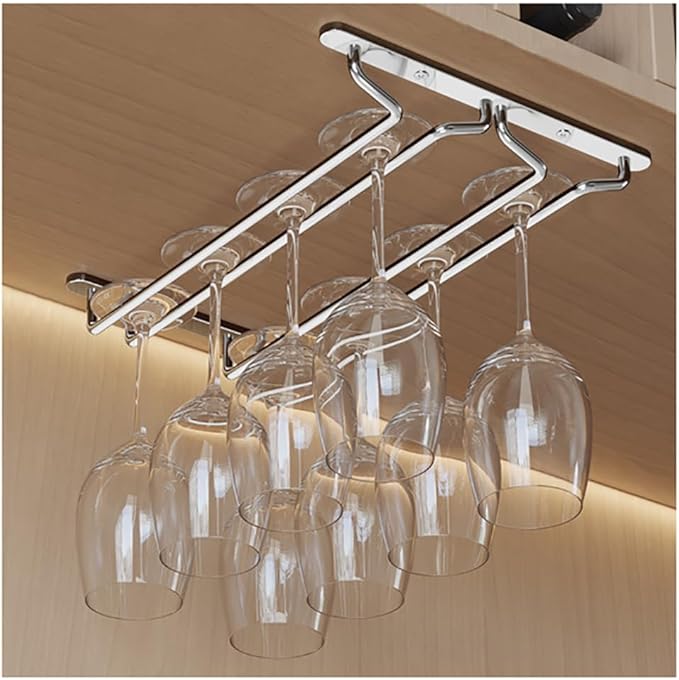 CAKERS Under Cabinet Hanging Stemware Display Rack|304 Stainless Steel Wine Glass Holder|Wine Glass Storage Organizer Hanger,2 Rows,35cm(13.7in)