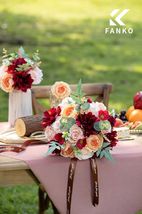 FANKO Artificial Flowers for DIY Bouquet, Faux Rose Combo Burgundy Red Peach Orange, Fake Flower Rose Dahlia Ranunculus for Vase, Floral Arrangement, Centerpieces, Wedding, Home Decor, Party