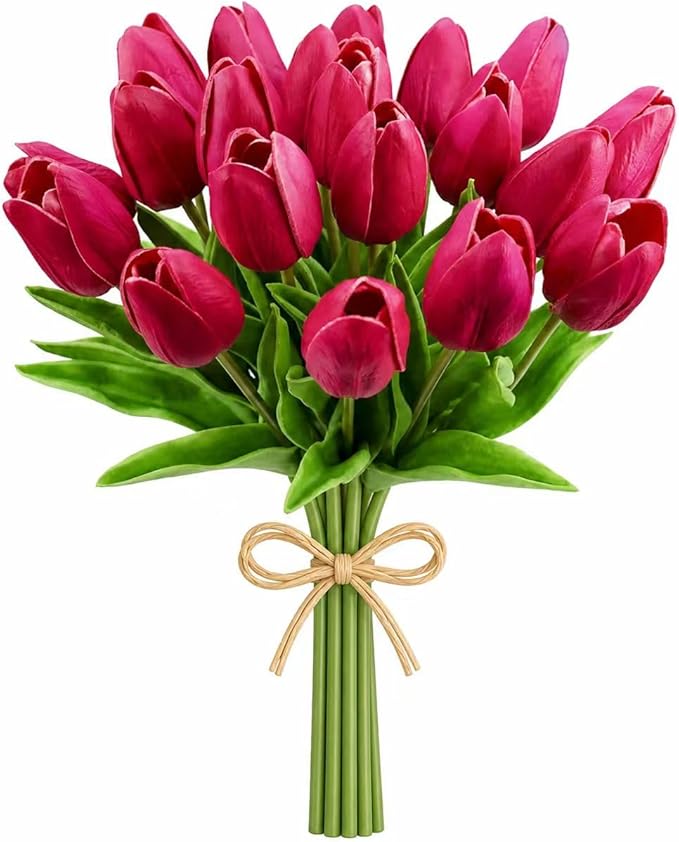 Mandy's Hot Pink Artificial Tulips Flowers Centerpiece, 13.5" Lifelike PU Fake Floral Stems 20pcs for Kitchen Island & Dining Table, Spring Decor for Easter