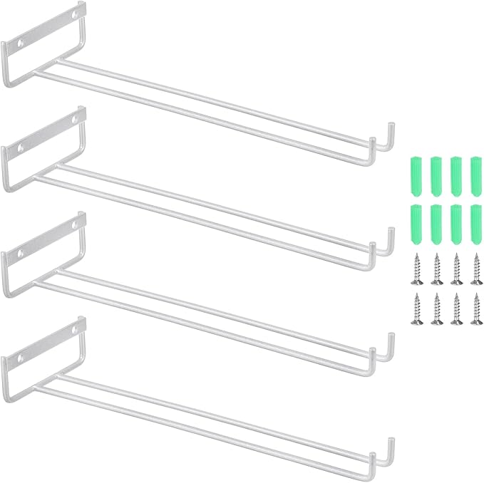 Uxcell 4-Pack Silver Iron Wine Glass Rack, 11.81" Wall Mountable & Under Cabinet, Holds 4 Glasses, Adjustable, Kitchen & Bar