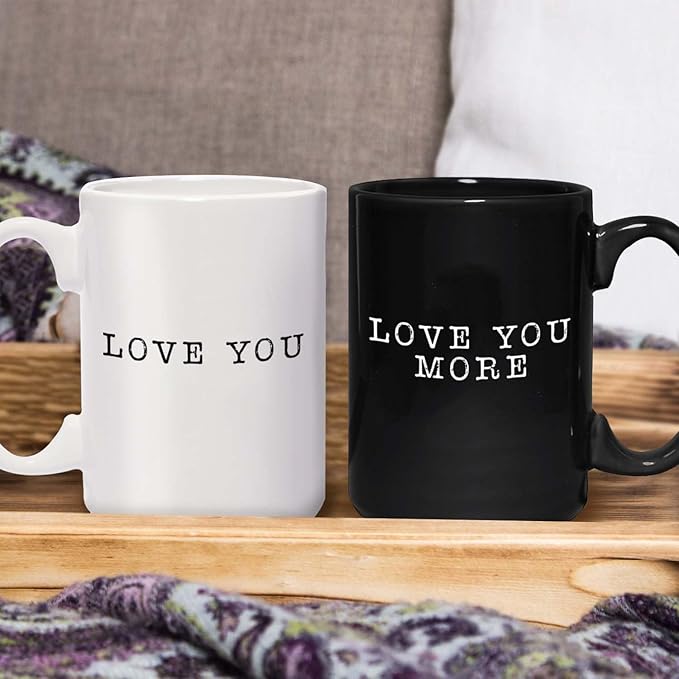 Love You More Mugs / 2 Jumbo 15 Ounce Black And White Matching Husband Wife Ceramic Mugs / Newlywed Couples Wedding Coffee Cup Present Set / One Black & One White Mug Relationship Anniversary Cup Pair