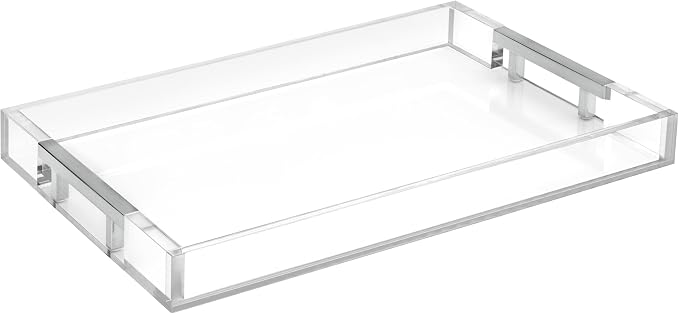 Modern 16"x12" Rectangle Acrylic Lucite Plastic Decorative Serving Tray with Silver Stainless Steel Metal Handles for Home Decor Ottoman Coffee Table Food Fruits Lap Vanity Perfume By Home Redefined
