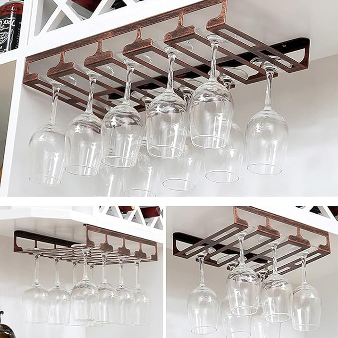 Stemware Rack Under Cabinet Iron Wine Glass Holder Glasses Storage Hanger Organizer, Hanging Wine Glass Holder for Home Kitchen Bar
