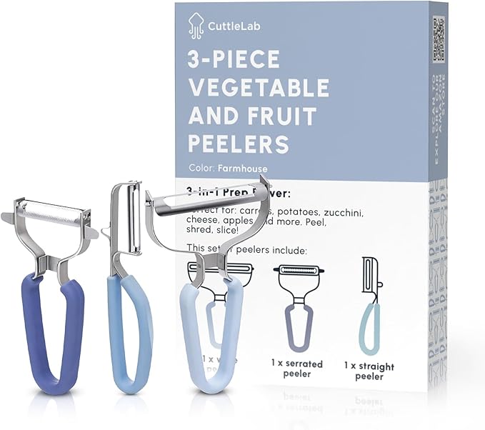 CuttleLab Vegetable Peeler Set – Serrated, Straight & Wide Blades- great apple peeler & potato peelers, Carrots, Zucchini, Cucumbers – Soft Grip Handle- Eye Remover – Dishwasher Safe (3, Farmhouse)