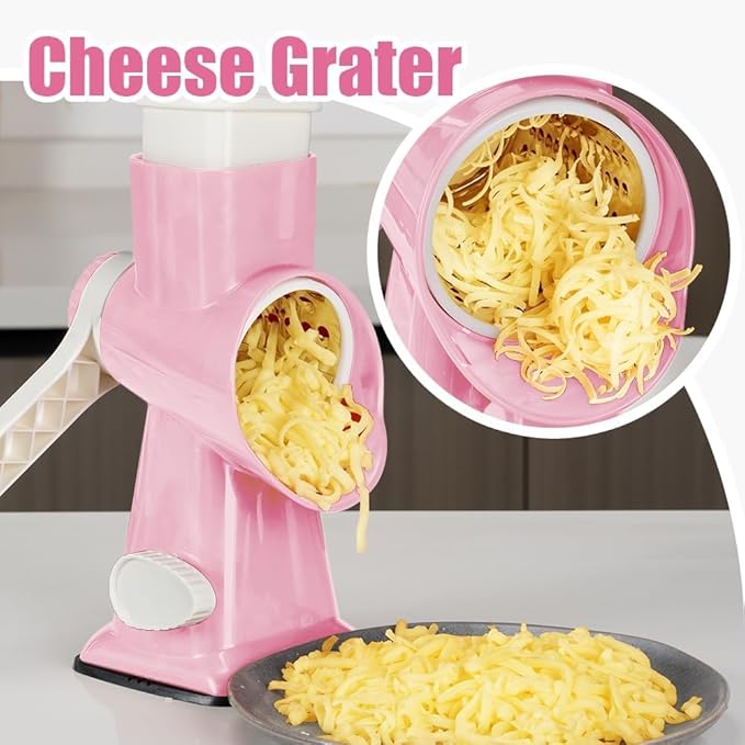 KEOUKE Rotary Cheese Grater Pro 6 in 1 - Shredder Crinkle Slicer Grinder Ice Shaver, Stable Suction, Time-saving Easy Use & Clean, Safe Morden Kitchen Tool for Cheese, Vegetable, Nuts, Chocolate