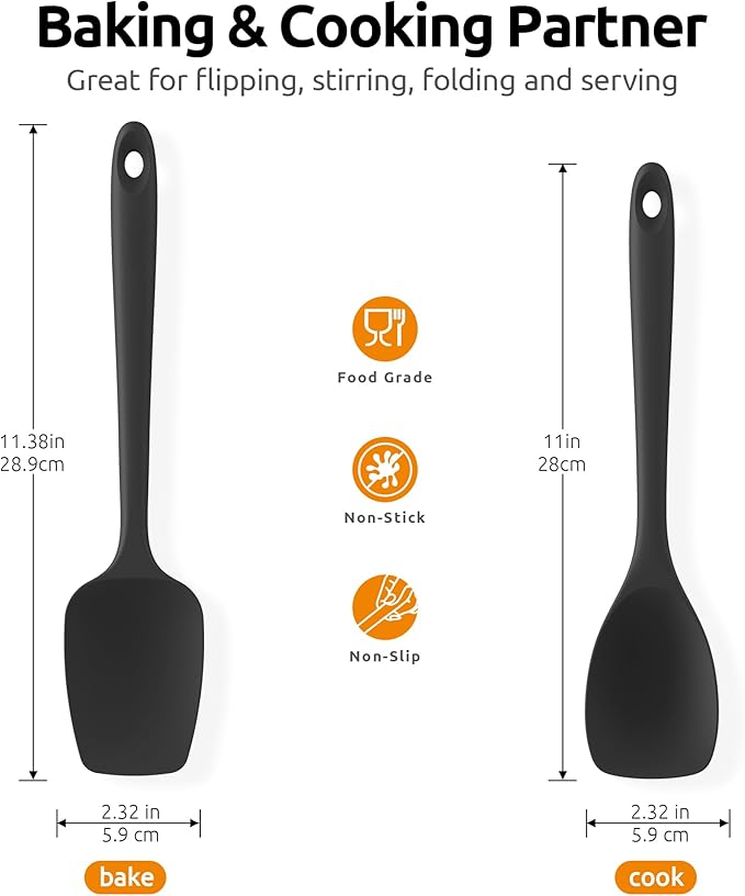 600ºF Heat Resistant Silicone Spoons: U-Taste Flexible Baking Spoon Spatula & Cooking Scoop Spoonula, Seamless Soft Kitchen Utensils for Serving, Scraping, Scooping in Non-Stick Cookware (Black)