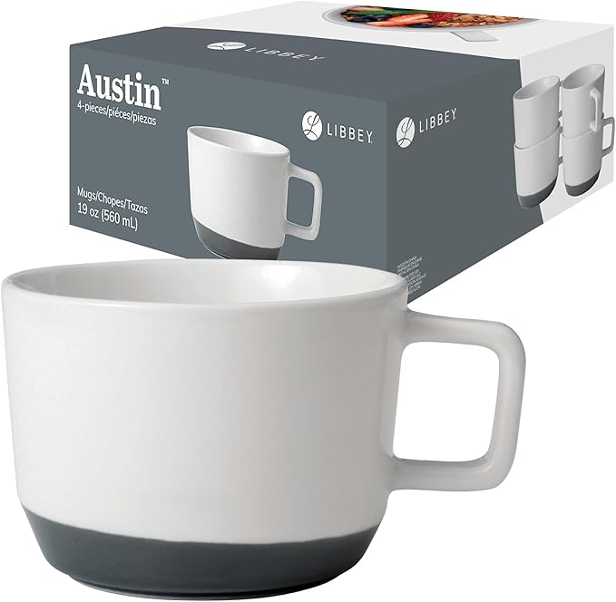Libbey Austin Basalt Blue Porcelain Coffee Mugs, Modern Colorblocked Large Coffee Mugs Set of 4, Stackable Ceramic Mug Set for Holidays, Daily Use