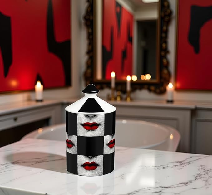 Decorative Candle Holder Handcrafted Aromatherapy Candle Jar Italian Designer Décor Fashionable Tabletop Vase Modern Art Female Face Eyes Lips Centerpiece. (Red Lips Black Squares)