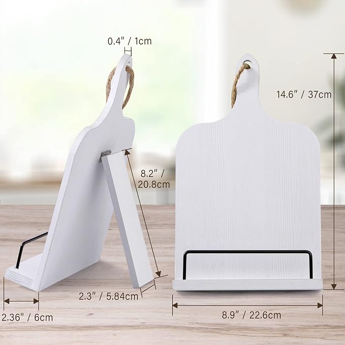 PUERSI Cook Book Stand for Kitchen Counter, Wooden Cookbook Holder, Adjustable Recipe Book Holder - White