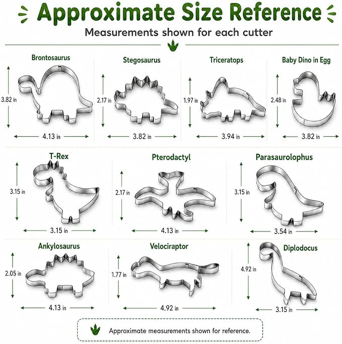 10-Pack Dinosaur Cookie Cutters, Stainless Steel Dino Baking Set | T-Rex, Triceratops and assorted dino shapes for cookies, fondant and sandwiches