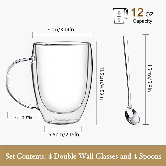 Double Wall Glass Coffee Mugs, Glass Coffee Mugs with Handle, Insulated Clear Coffee Mugs Set of 4, Perfect for Espresso, Cappuccino, Latte, Americano, Tea Bag, Beverage -12 Ounces