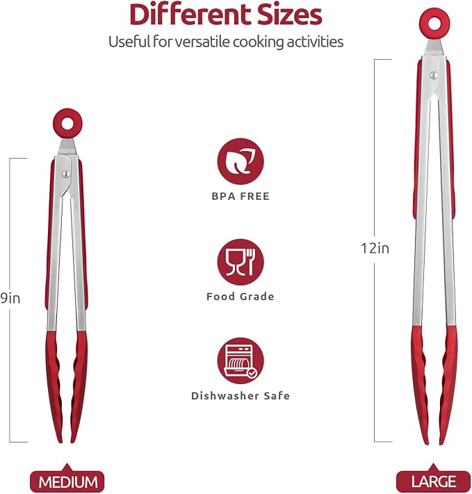 600ºF Heat Resistant Kitchen Tongs: U-Taste 9+12 inch Silicone Cooking Tong Set with Firm Sealed Non Stick Rubber Tips and Silicon Coated 18/8 Stainless Steel Handle for Serving Grilling Salad(Red)