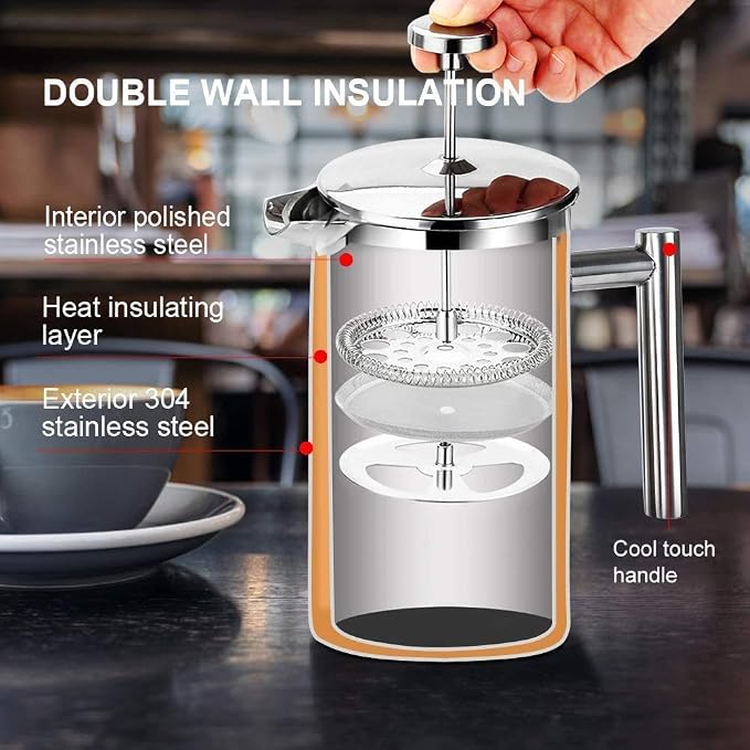 Secura French Press Coffee Maker, 304 Grade Stainless Steel Insulated Coffee Press with 2 Extra Screens, 12oz (0.35 Litre), Silver (Pack of 4)
