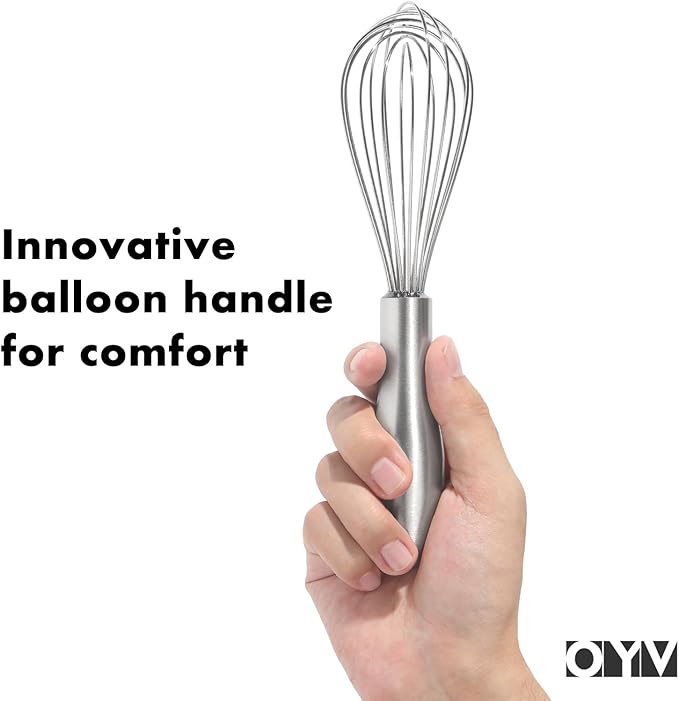 OYV 8" Whisk, Ergonomic Handle, Dishwasher Safe 18/10 Stainless Steel Whisk, Professional Kitchen Metal Wisk, Perfect for Whisking, Blending, Beating, and Baking