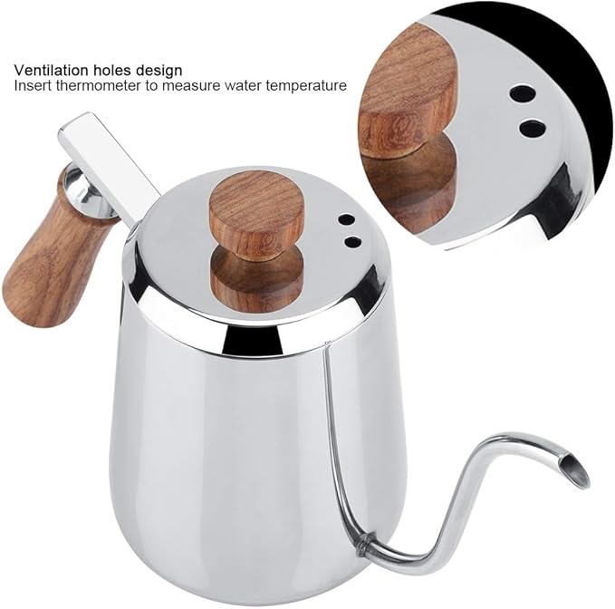 Joyzan Gooseneck Kettle, Stovetop Tea Maker Wood Anti Hot Handle Pour Over Stainless Steel Water Pot Coffee Teapot Drip Long Spout Home Kitchen Gas Stove Tops French Press Brewing Camping 600ml