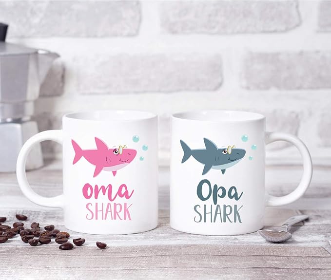 Andaz Press Baby Shark Family 11oz. Coffee Mug Gift Set, Oma Shark, Opa Shark, 2-Pack, Shark Do Do Do Gift Idea Birthday Christmas Ideas Oma Mug Opa Mug Opa Coffee Mug Oma And Opa Christmas