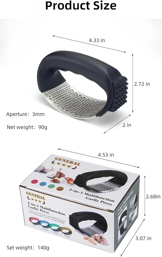 3-in-1 Stainless Steel Garlic Press with Peeler & Brush - Professional Heavy Duty Garlic Mincer, Dishwasher Safe Kitchen Gadgets for Cooking, Easy Clean Design (Black)