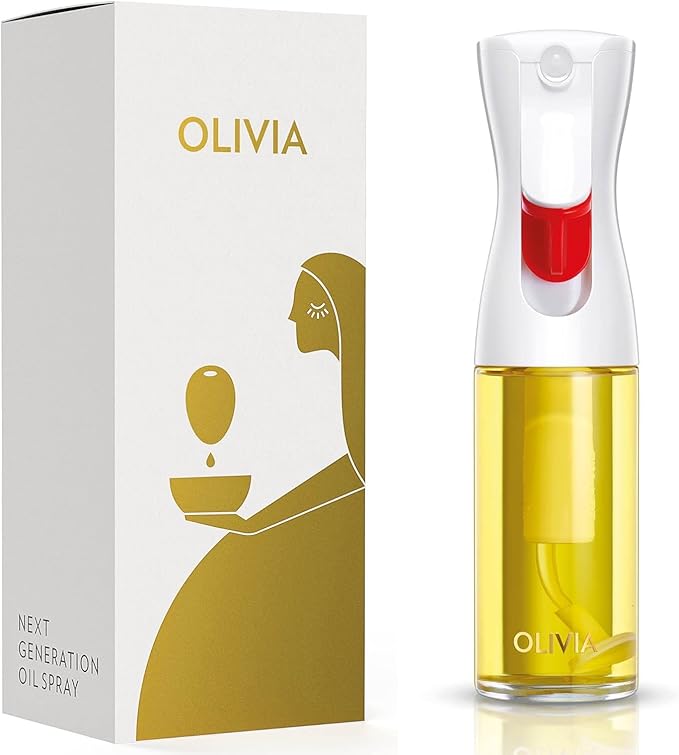OLIVIA SIGNATURE Advanced Kitchen Oil Sprayer with Flairosol Technology, Fine Mist & Portion Control, Refillable Glass Olive Oil Cooking Spray Bottle for Air Fryer, Salad, BBQ, 130ml (Gold Print)