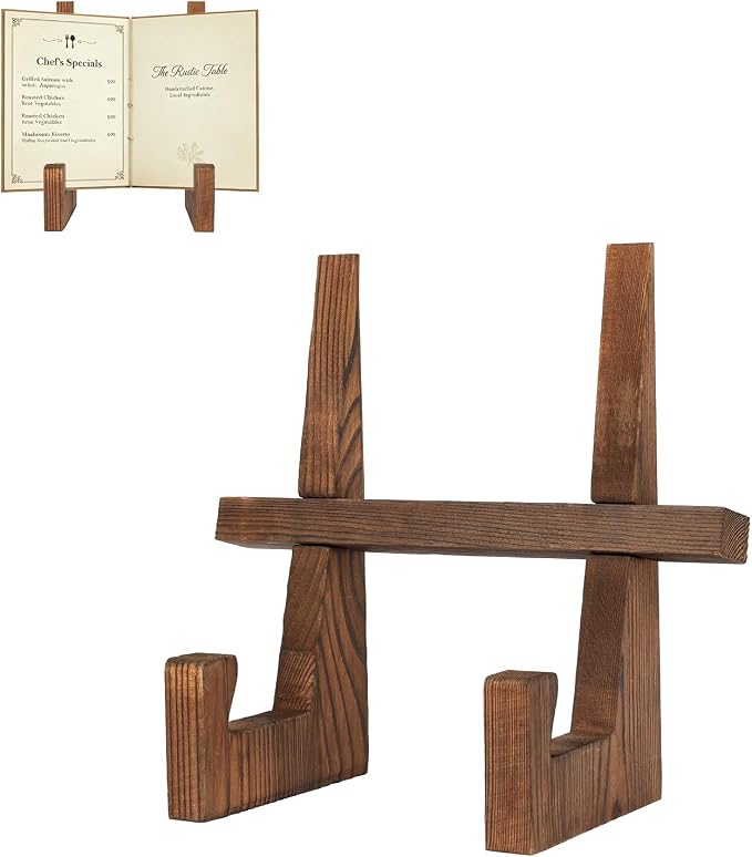comfoyar Cookbook Stand for Kitchen Counter, Wooden Recipe Cook Book Holder, Rustic Brown Plate Display Stand, Picture Frame Holder for Dish Photo Plaque, Decorative Table Top Easels