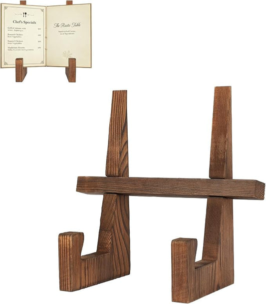 comfoyar Cookbook Stand for Kitchen Counter, Wooden Recipe Cook Book Holder, Rustic Brown Plate Display Stand, Picture Frame Holder for Dish Photo Plaque, Decorative Table Top Easels