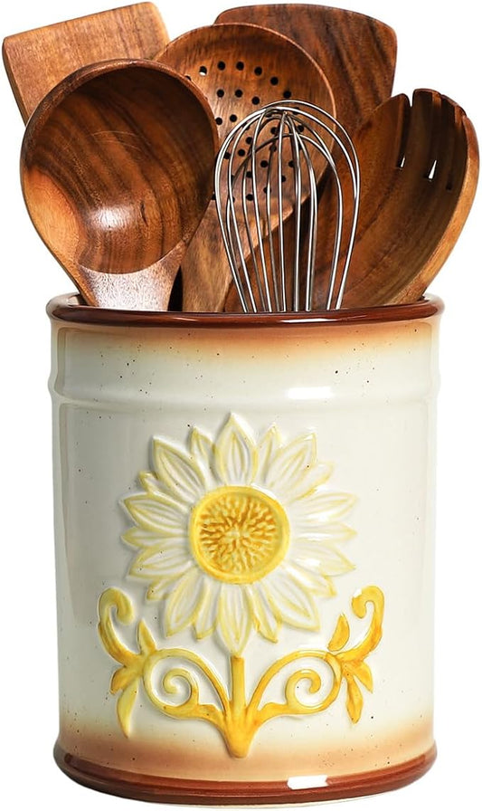Retro Ceramic Sunflower Embossed Pattern Kitchen Utensil Holder, Large Cooking Utensil Crocks for Kitchen Countertop, Sunflower Utensil Organizer