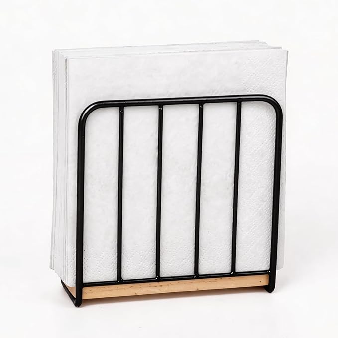 Modern Farmhouse Napkin Holder for Table, Weighted Solid Wood Base with Metal Design, Vertical Standing Napkin Dispenser for Kitchen Countertop, Dining Room and Outdoor Picnic (Black)