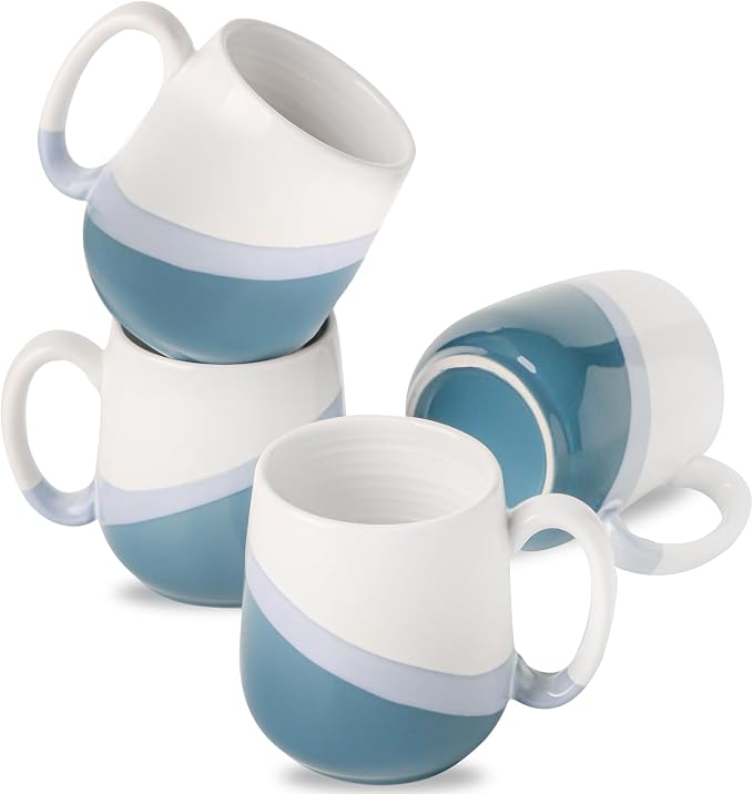 Coffee Mugs Set of 4,Ceramic 15 OZ Coffee Cups with Big Handle,Large Tea Cups for Hot Beverages,Yogurt, Cappuccino,Latte,Gift for Mom and Dad,Dishwasher Safe&Microwave Safe,White & Blue