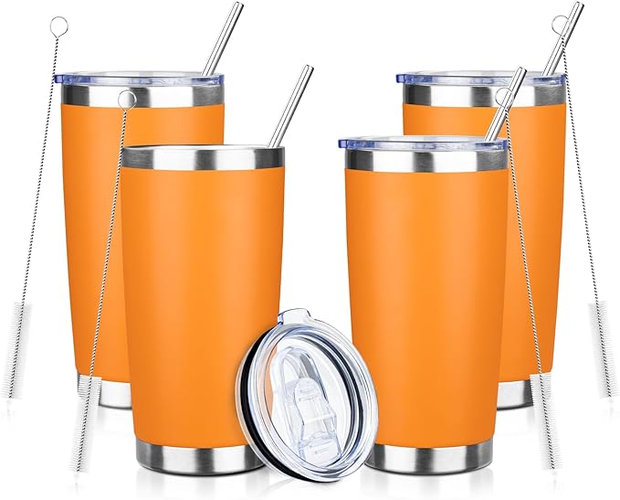20oz Tumbler with Straw and Brush, Stainless Steel Vacuum Insulated tumbler, Double Wall Insulated Coffee Tumbler for Outdoor, Home, Travel,Office (Orange,4pcs)