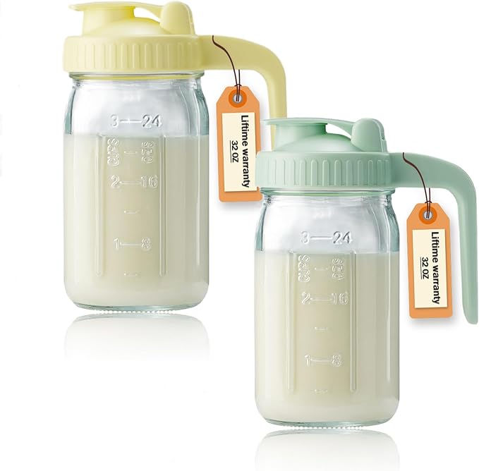 32oz Glass Pitcher with Lid & V-shaped Pour Spout - 1 Quart Double Leak Proof, Creamer Container for Sun Tea, Juice, Cold Brew Coffee, Breastmilk Storage Container